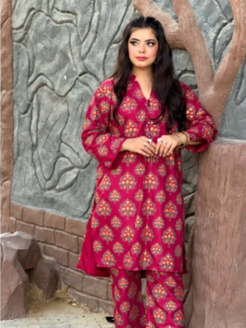Red Printed Two-Piece Tunic & Pants Set